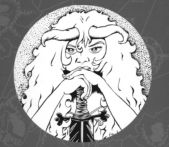 Illustrazione in bianco e nero di una figura femminile stilizzata con corna, una lunga chioma di capelli ricci, e un'espressione pensierosa, contenuta in un cerchio decorato con un motivo a puntini. (Didascalia da IA)