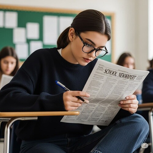 Una studentessa concentrata legge e annota su un giornale scolastico mentre si trova seduta in aula. (Didascalia da IA)