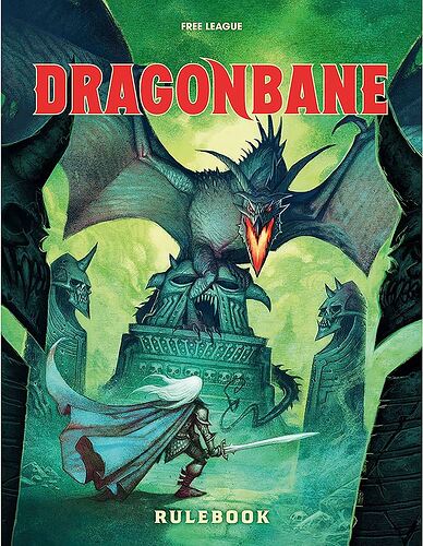 La copertina del libro "Dragonbane" mostra un guerriero con armatura e spada affrontare un temibile drago su uno sfondo di rovine e simboli arcani. (Didascalia da IA)
