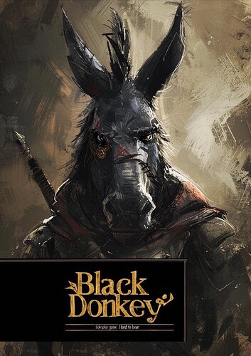 L'immagine rappresenta un asino nero stilizzato con un'espressione intensa e dettagli dorati, parte di un'illustrazione per il gioco di ruolo intitolato "Black Donkey". (Didascalia da IA)