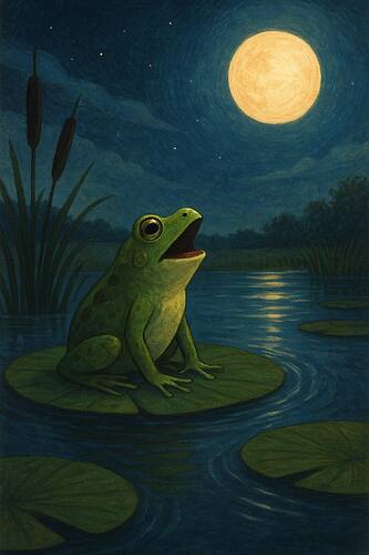 Una rana verde si trova su una foglia di ninfea in uno stagno di notte, con la luna piena luminosa nel cielo. (Didascalia da IA)