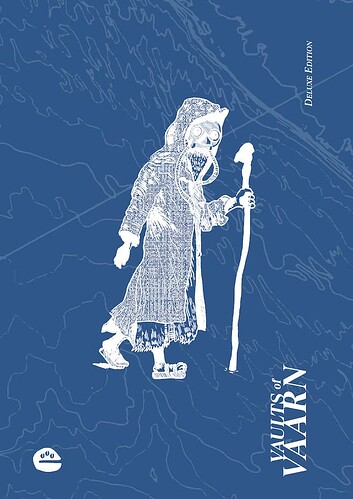 La copertina mostra un'illustrazione stilizzata in bianco su sfondo blu di una figura anziana con un bastone e una maschera a gas, intitolata "Vails of Varn: Deluxe Edition". (Didascalia da IA)