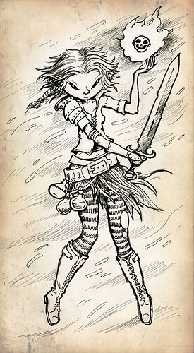 Illustrazione in stile manga di una ragazza guerriera con una spada gigante e un'aura a forma di teschio, vestita con abiti punk. (Didascalia da IA)